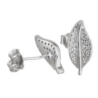 Sterling Silver Stud Earring, Mixed Material, Leaf, plated & micro pave cubic zirconia & for woman 