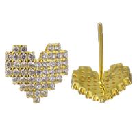 Sterling Silver Stud Earring, Mixed Material, Heart, gold color plated & micro pave cubic zirconia & for woman 0.5mm 