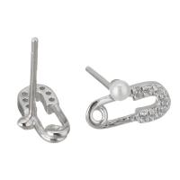 Sterling Silver Stud Earring, Mixed Material, with Plastic Pearl, Paper Clip, plated & micro pave cubic zirconia & for woman 0.5mm 