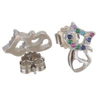 Sterling Silver Stud Earring, Mixed Material, Cat, plated & micro pave cubic zirconia & for woman & hollow 