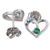 Sterling Silver Stud Earring, Mixed Material, Heart, plated & micro pave cubic zirconia & for woman & hollow 