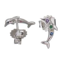 Sterling Silver Stud Earring, Mixed Material, Dolphin, plated & micro pave cubic zirconia & for woman 