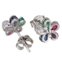 Sterling Silver Stud Earring, Mixed Material, Flower, plated & micro pave cubic zirconia & for woman 
