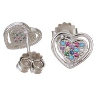 Sterling Silver Stud Earring, Mixed Material, Heart, plated & micro pave cubic zirconia & for woman 