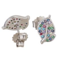 Sterling Silver Stud Earring, Mixed Material, Leaf, plated & micro pave cubic zirconia & for woman 
