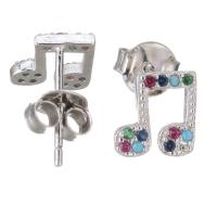 Sterling Silver Stud Earring, Mixed Material, Music Note, plated & micro pave cubic zirconia & for woman 