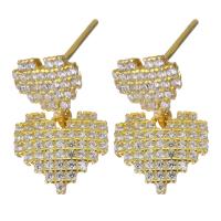 Sterling Silver Drop Earring, Mixed Material, Heart, gold color plated & micro pave cubic zirconia & for woman, 15mm 0.5mm 