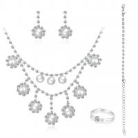 Brass Jewelry Set, finger ring & earring & necklace, with Rhinestone, three pieces & fashion jewelry, silver color 