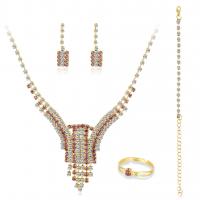 Brass Jewelry Set, finger ring & earring & necklace, with Rhinestone, three pieces & fashion jewelry, golden 