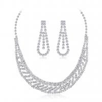 Brass Jewelry Set, earring & necklace, with Rhinestone, 2 pieces & fashion jewelry, silver color 