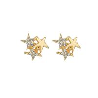 Zinc Alloy Rhinestone Stud Earring, with 925 Sterling Silver, gold color plated, for woman & with rhinestone 