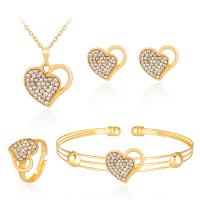 Rhinestone Zinc Alloy Jewelry Set, Stud Earring & bangle & finger ring & necklace, with Rhinestone, Heart, 4 pieces & fashion jewelry, golden 