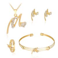 Rhinestone en alliage de zinc bijoux , Boucle d’oreille stud & bracelet & bague, anneau & collier, avec strass, 4 pièces & bijoux de mode, doré, Vendu par fixé
