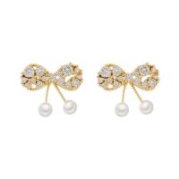 Plastic Pearl Zinc Alloy Earring, with Plastic Pearl, Bowknot, gold color plated, for woman & with rhinestone 