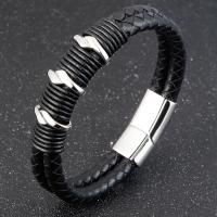 Men Bracelet, Titanium Steel, with PU Leather, polished, for man, black Approx 8.26 Inch 