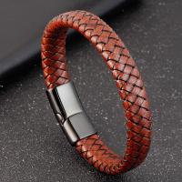 Men Bracelet, Titanium Steel, with PU Leather, polished & for man, red 