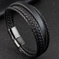 Men Bracelet, Titanium Steel, with PU Leather, polished & for man & multi-strand, black 