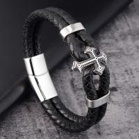 Men Bracelet, Titanium Steel, with PU Leather, polished & for man, black 
