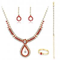 Brass Jewelry Set, gold color plated, for woman & with rhinestone, red 