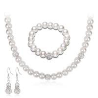Fashion Zinc Alloy Jewelry Sets, bracelet & earring & necklace, with Plastic Pearl, silver color plated, for woman & with rhinestone, white 