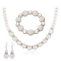 Jewelry Gift Sets, Zinc Alloy, bracelet & earring & necklace, with Plastic Pearl, silver color plated, for woman & with rhinestone, white 