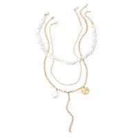 Mode-Multi-Layer-Halskette, Zinklegierung, mit Kunststoff Perlen, mit Verlängerungskettchen von 2.55 inch, goldfarben plattiert, für Frau & Multi-Strang, 44cm,54cm,12cm,2cm, verkauft von Strang