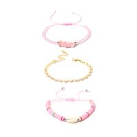 Zinc Alloy Bracelet Set, with Polyester Cord & Shell & Crystal, with 2.75 inch extender chain, gold color plated, three pieces & braided bracelet & for woman, pink, 5.5-10cm,17cm,6-10cm,1.5cm 