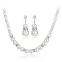 Jewelry Gift Sets, Zinc Alloy, Stud Earring & necklace, with Plastic Pearl, plated, 2 pieces & for woman & with rhinestone, white 