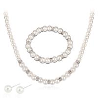 Jewelry Gift Sets, Zinc Alloy, Stud Earring & bracelet & necklace, with Plastic Pearl, silver color plated, for woman & with rhinestone, white 