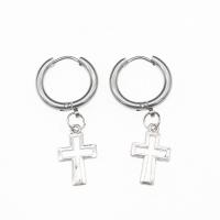Huggie Hoop Drop Earring, 303 Stainless Steel, Cross, plated, fashion jewelry & for woman, silver color, 17*2.5*35mm 
