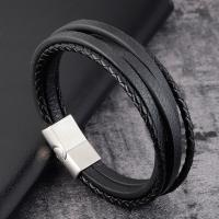 Men Bracelet, Titanium Steel, with PU Leather, polished, dyed & for man & multi-strand, black 