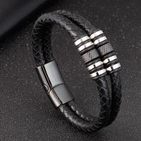 Men Bracelet, Titanium Steel, with PU Leather, polished, dyed & for man & multi-strand, black 