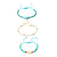 Zinc Alloy Bracelet Set, with turquoise & Polymer Clay & Polyester Cord & Shell, with 2.75 inch extender chain, gold color plated, three pieces & braided bracelet & for woman, turquoise blue, 5.5-9cm,17cm,6-10cm,1.5cm 