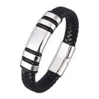 PU Leather Cord Bracelets, Full Grain Cowhide Leather, Geometrical Pattern, plated, fashion jewelry, black 
