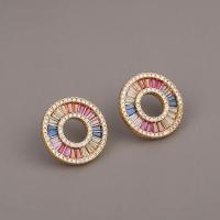 Cubic Zirconia Micro Pave Brass Earring, Round, gold color plated, micro pave cubic zirconia & for woman 
