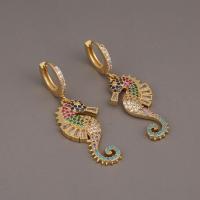 Cubic Zirconia Micro Pave Brass Earring, Seahorse, gold color plated, micro pave cubic zirconia & for woman 