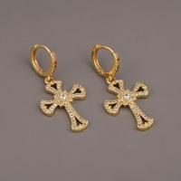 Cubic Zirconia Micro Pave Brass Earring, Cross, gold color plated, micro pave cubic zirconia & for woman 