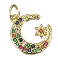 Colgante de Micro Pavé de Zirconía Cúbica, metal, Luna y estrella, chapado en color dorado, micro arcilla de zirconia cúbica, 13x15x3mm, agujero:aproximado 3.5mm, Vendido por UD