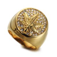Stainless Steel Finger Ring, gold color plated & for man & with rhinestone 
