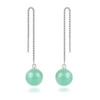 Sterling Silver Thread Through Earrings, 925 Sterling Silver, with Green Aventurine, Round, plated, box chain & for woman 