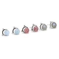 Sterling Silver Stud Earring, 925 Sterling Silver, with Gemstone, Cat, platinum plated & for woman 6mm 