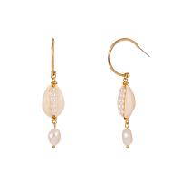 Freshwater Pearl Drop Earring, Zinc Alloy, with Shell & Freshwater Pearl, gold color plated, for woman, white 
