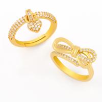 Brass Open Finger Ring, with Cubic Zirconia, Heart, 18K gold plated, fashion jewelry & for woman, golden 
