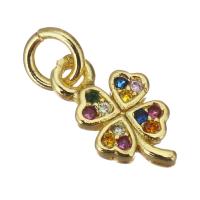 Colgante de Micro Pavé de Zirconía Cúbica, metal, Trébol de cuatro hojas, chapado en color dorado, micro arcilla de zirconia cúbica, 7x11x1.5mm, agujero:aproximado 3mm, Vendido por UD