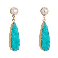 Süßwasser Perle Tropfen Ohrring, Zinklegierung, goldfarben plattiert, für Frau, blau, 10x49mm, verkauft von Paar