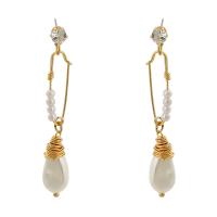 Zinc Alloy Drop Earring, with Freshwater Pearl, gold color plated, for woman & with rhinestone, white 