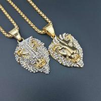 Rhinestone Stainless Steel Pendants, 316 Stainless Steel, with Rhinestone, Lion, plated, fashion jewelry & Unisex & with rhinestone, golden, 48*26mm 