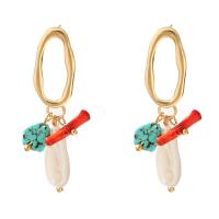 Zinc Alloy Drop Earring, with Natural Stone & Coral & Freshwater Pearl, gold color plated, for woman, white 