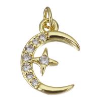 Colgante de Micro Pavé de Zirconía Cúbica, metal, Luna y estrella, chapado en color dorado, micro arcilla de zirconia cúbica, 10x13x2mm, agujero:aproximado 2.5mm, Vendido por UD