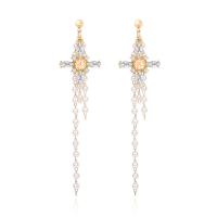 Zinc Alloy Drop Earring, with Plastic Pearl, gold color plated, for woman & with rhinestone, 25mm,105mm 
